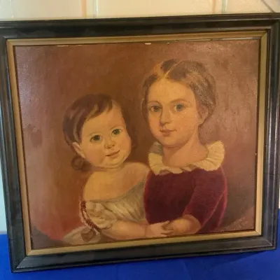Antique Oil on Board Portrait of Two Children 14"h x 16"w
