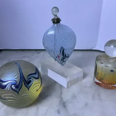 Correa Art Glass Feather Orb Paperweight, And Perfume Bottles 