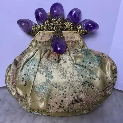 Vintage golden Silk Brocade Pouch With Purple Gemstones 