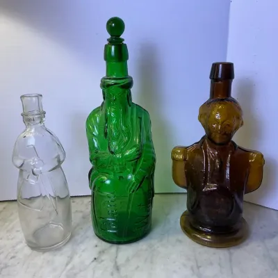 Figural Decanter Bottles Amber, Green, Clear 