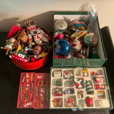 Vintage Christmas Glass And Wooden Ornaments With Two Vintage Nativity Scenes 