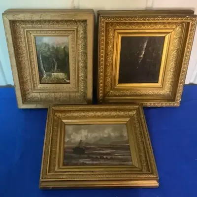 Antique Oil on Board Paintings in Ornate Gilt Wood Frames Lot of 3