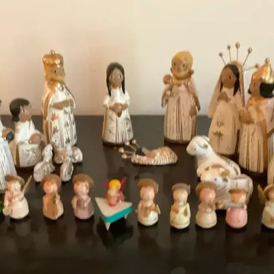 Handmade Mexican Nativity Scene With Hand-painted Wooden Angels