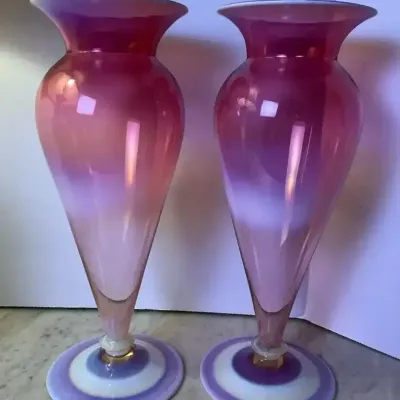 Blown Glass Pink and White Ombré Flared Rim Vases 