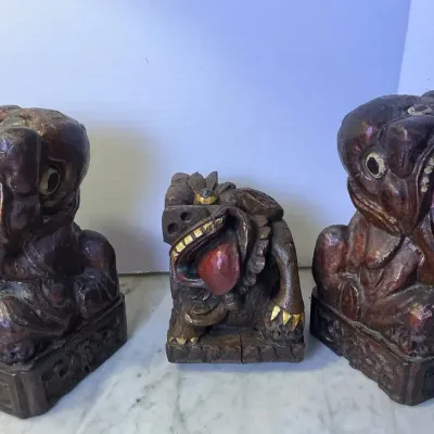 Antique Carved Painted Red Mouth Foo Dogs 