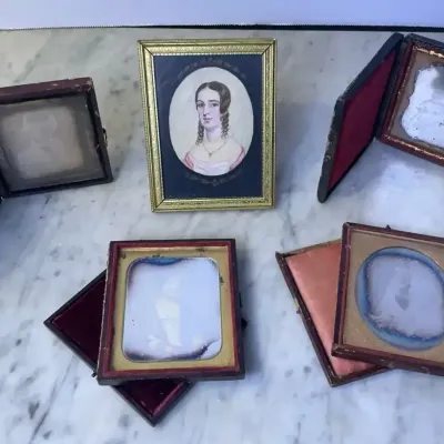 Antique Daguerreotype Mirror Picture And Hand Painted Portrait  