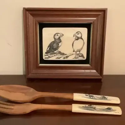 Imitation Scrimshaw Of Puffins And A Bone Spoon And Fork With Scrimshaw 