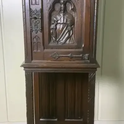 Antique 19th Century Belgian Gothic Revival Carved Dark Wood Cabinet Stand