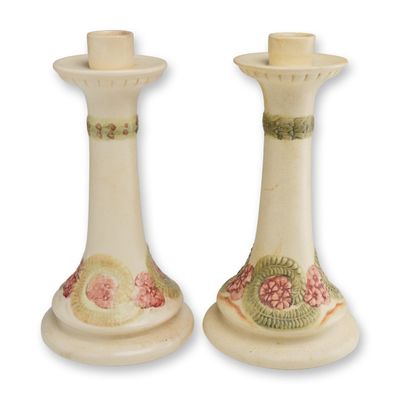 Pair of Weller Roma Art Pottery Candlesticks with Pink Blossoms