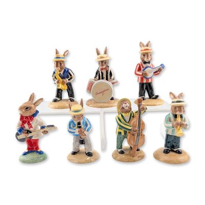 Group of Seven Royal Doulton Bunnykins Jazz Band Figurines