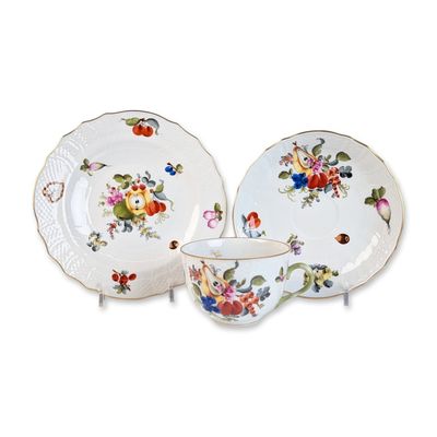 3pc Herend Hungarian Porcelain Teacup, Saucer & Plate, Bouquet de Fruits