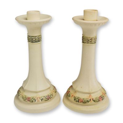Pair of Weller Art Pottery Roma Line Candlesticks