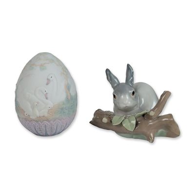 2pc Lladro Porcelain Figurines, 1994 Egg 7532 Rabbit Eating 4773