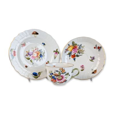 3pc Herend Hungary Porcelain Teacup, Saucer & Plate, Bouquet de Fruits