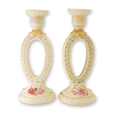 Pair of Weller Art Pottery Matte Cream Glazed Floral Candlesticks