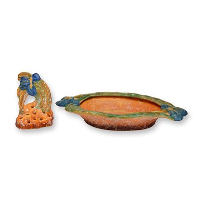 Two Weller Pottery Console Bowl and Flower Frog, Malverne