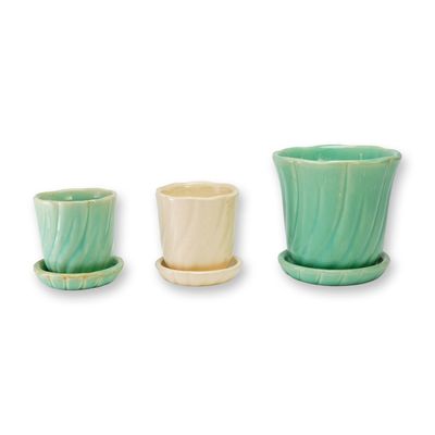 3 Sets of Weller Pottery Swirl Pattern Ceramic Planters Matching Saucers