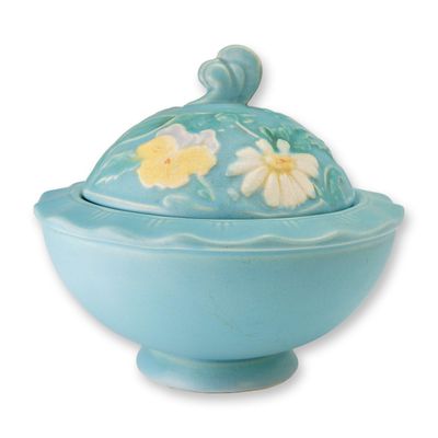 Weller Pottery Wild Rose Matte Blue Glazed Covered Ceramic Bowl