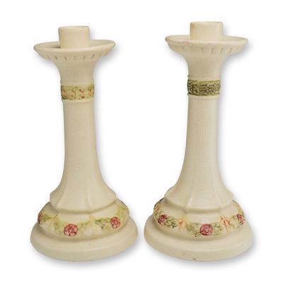 Pair of Weller Art Pottery Roma Line Earthenware Candlesticks