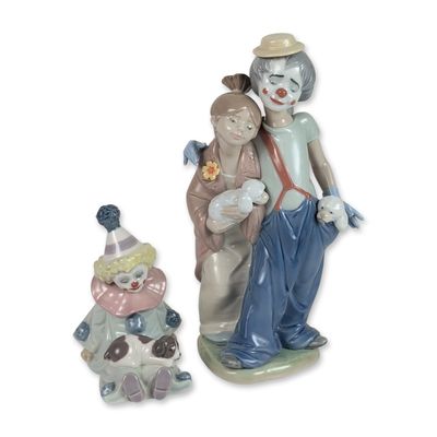 2pc Lladro Porcelain Figurines, Pierrot with Puppy 5277 and Pals Forever 7686