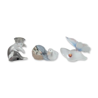 3pc of Lladro Porcelain Figurines, Cat and Mouse 5236, Ducks 4895, and Morning Calm 6589