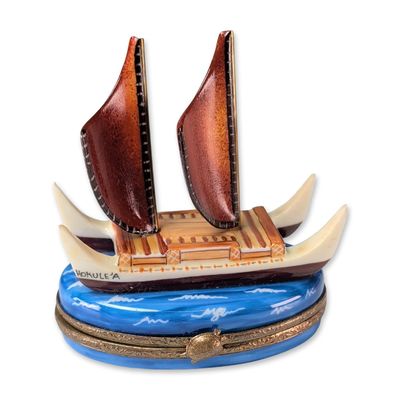 Limoges Hand Painted Hokulea Canoe Porcelain Trinket Box