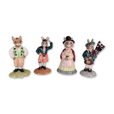 4pc Royal Doulton Ceramic Bunnykins Figurines, Dutchman, Scotsman, Welshlady & Piper