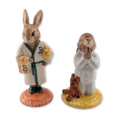 Two Royal Doulton Bunnykins Ceramic Figurines, Bedtime DB55 & Bath Time DB148
