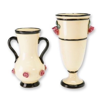 Pair of Weller Pottery Art Deco Noval Pattern Creamware Vases