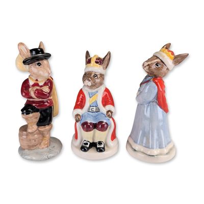3pc Royal Doulton Porcelain Bunnykins Figurines, Queen Sophie, King John & Cavalier