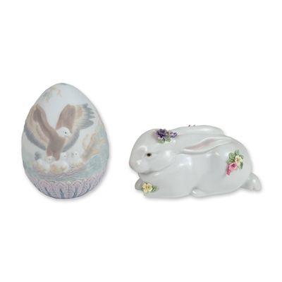 2pc Lladro Porcelain Figurines, 1997 Egg 7552 and Sleeping Bunny with Flowers 6097