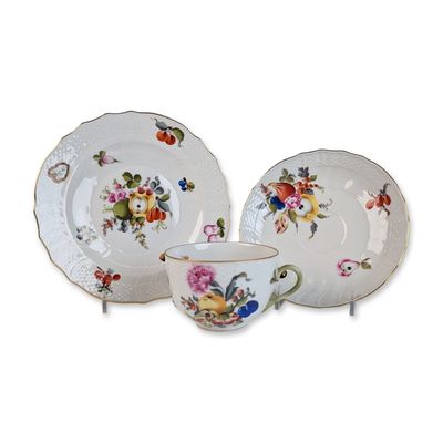 3pc Herend Hungary Porcelain Teacup, Saucer & Plate, Bouquet de Fruits