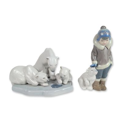 2pc Lladro Porcelain Figurines, Bearly Love 1443 and Eskimo Boy with Pet 5238
