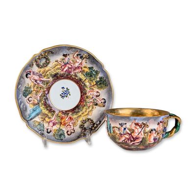 2pc Capodimonte Italian Relief Molded Porcelain Mythological Cup and Saucer Set
