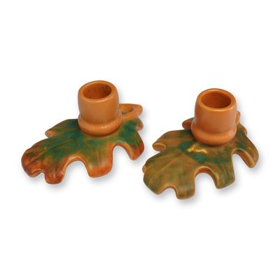 Pair of Weller Pottery Oak Leaf Candlestick Holders