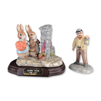 2pc Beswick Beatrix Potter Porcelain Figurines, Hiding from the Cat and Farmer Potatoes