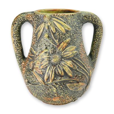 American 20th Century Pottery Floral Pattern Double Handle Ceramic Vase