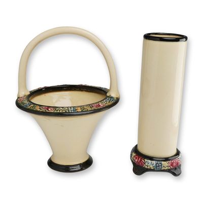 2pc Weller Art Pottery Tivoli Basket and Vase