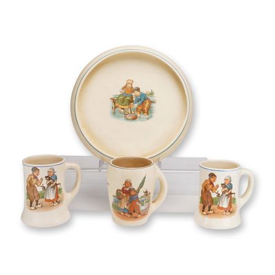 4pc Roseville Pottery Creamware Bowl and Mug Collection, Dutch