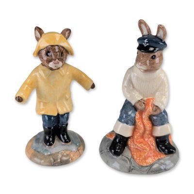 2pc Royal Doulton Porcelain Bunnykins Fisherman and Rainy Day Figurines