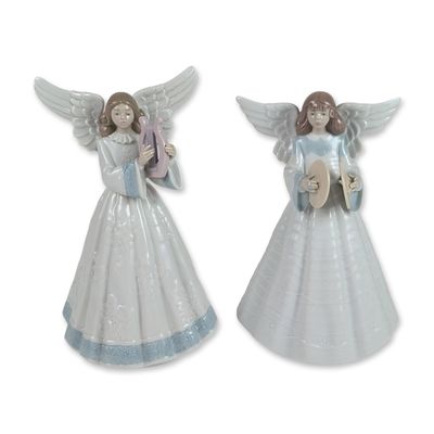 2pc Lladro Porcelain Angel Figurines, Heavenly Harpist 5830 and Angelic Cymbalist 5876