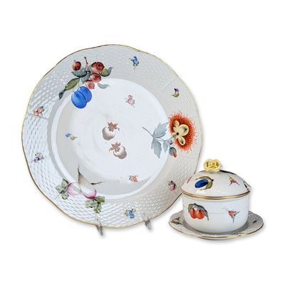 2pc Herend Hungarian Porcelain Basketweave Plate and Lidded Jam Bowl, Fruits and Flowers