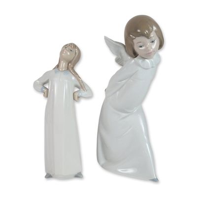 2pc Lladro Glazed Porcelain Figurines, Girl Stretching 4872 and Curious Angel 4960