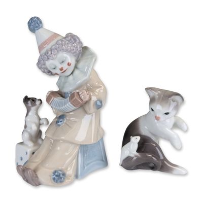2pc Lladro Spanish Glazed Porcelain Figurines, Pierrot with Concertina & Cat and Mouse