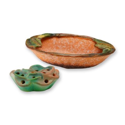2pc Weller Pottery Console Bowl and Flower Frog, Malverne