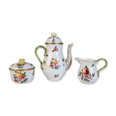 3pc Herend Hungary Porcelain Teapot, Lidded Sugar Bowl & Creamer, Bouquet de Fruits Pattern