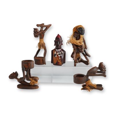 5pc Carved Wooden Tribal Figures and Vessels