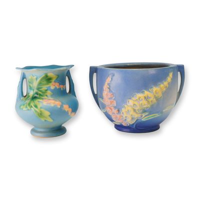 Two Roseville Pottery Bleeding Heart & Zephyr Lily Vase Jardinieres