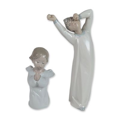 2pc Lladro Glazed Porcelain Figurines, Angel Praying 4538 and Boy Yawing 4870