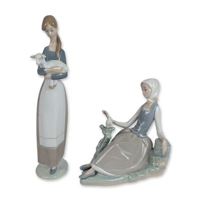 2pc Lladro Porcelain Figurines, Girl with Lamb 4505 and Shepherdess with Dove 4660